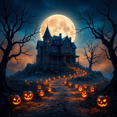 Halloween wall art, a Victorian house under a full moon with glowing jack o lanterns on the path