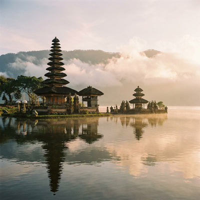 Hinduism wall art, Ulun Danu Beratan temple at sunrise on Lake Bratan