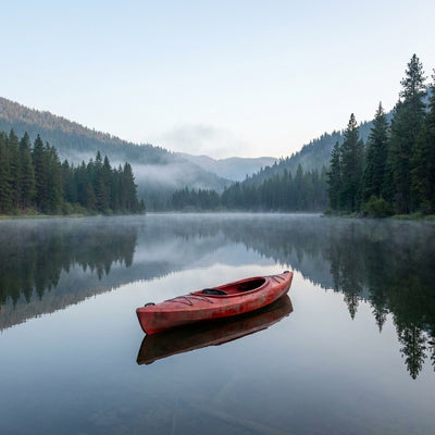 Kayak wall art, a single red kayak on a calm lake