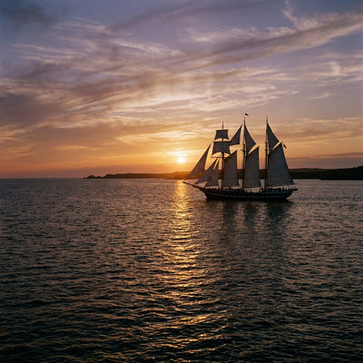 Sailing wall art, a tall ship with white sails crossing open water under a golden sunset sky