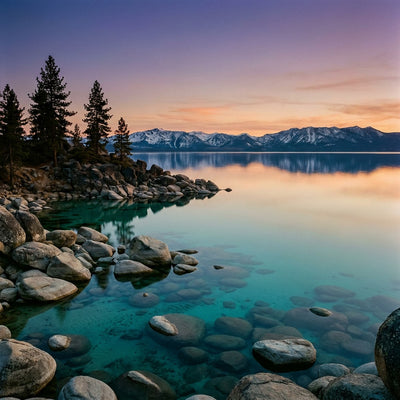 Tahoe wall art, turquoise Lake Tahoe water, rounded boulders and snow-capped Sierra peaks under a violet and peach sky