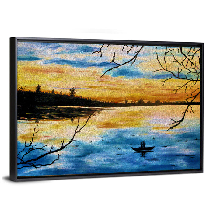 Lovers in a Boat at Sunset Wall Art as a framed canvas