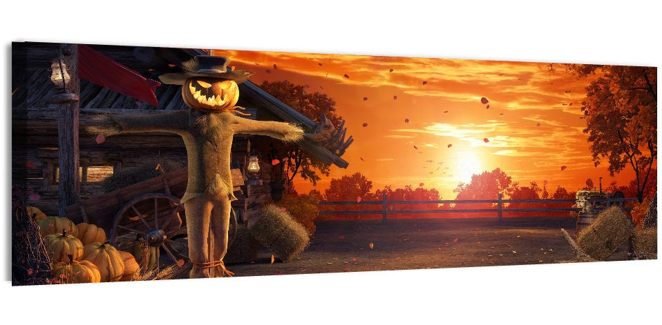 Glowing Pumpkin Scarecrow at Dusk Wall Art, canvas print, panoramic