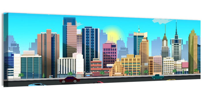 Geometric City Skyline with Sun Flare Wall Art as a canvas print