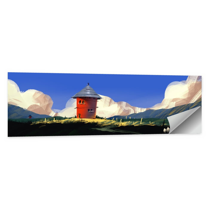 Red Tower in Meadow Wall Art as a poster print