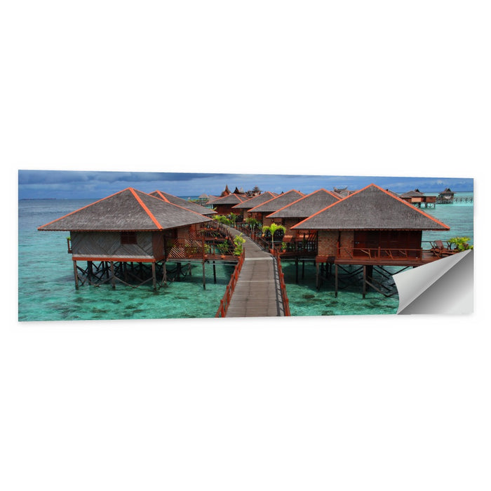 Overwater Bungalows Boardwalk Over Turquoise Sea Wall Art as a poster print