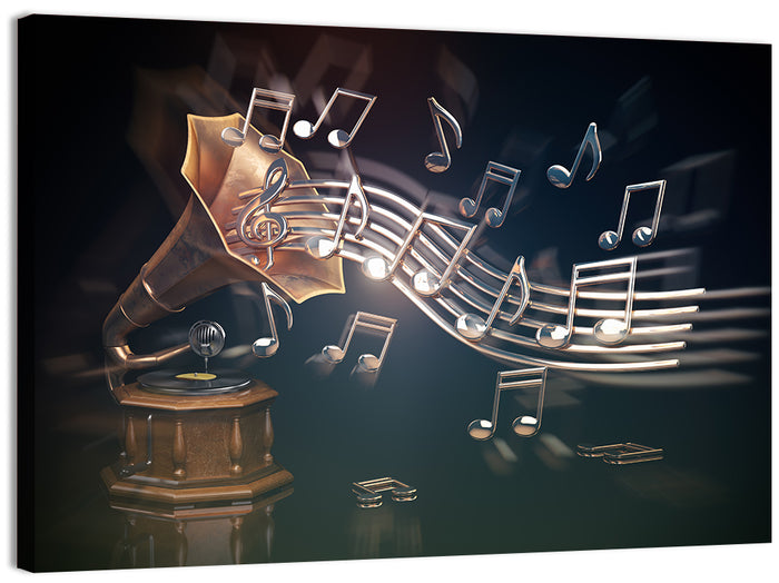 Gramophone with Flowing Musical Staff Wall Art as a canvas print