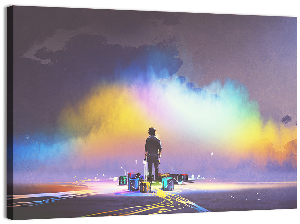 Silhouette with Paint Buckets and Rainbow Light Wall Art, canvas print, landscape