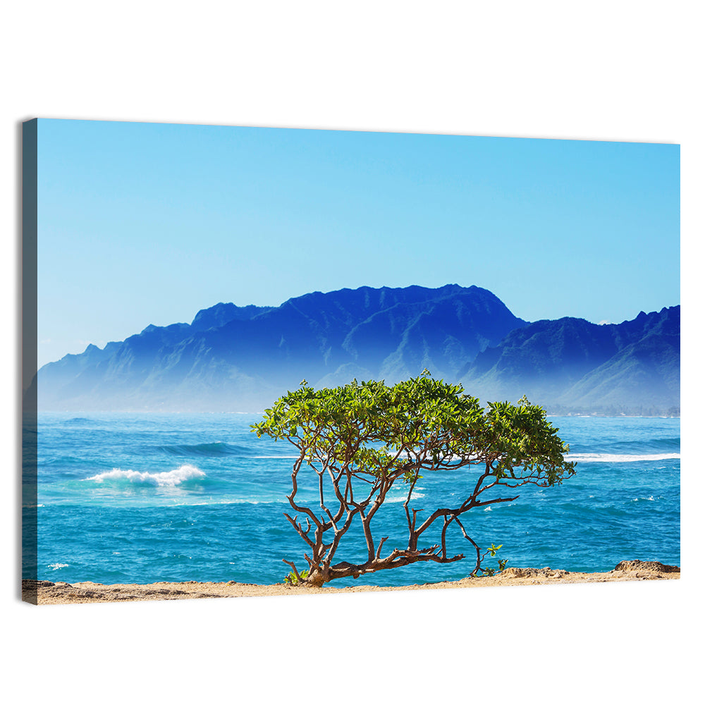 Hawaiian Coastal Tree on Rocky Shore Wall Art, canvas print, landscape