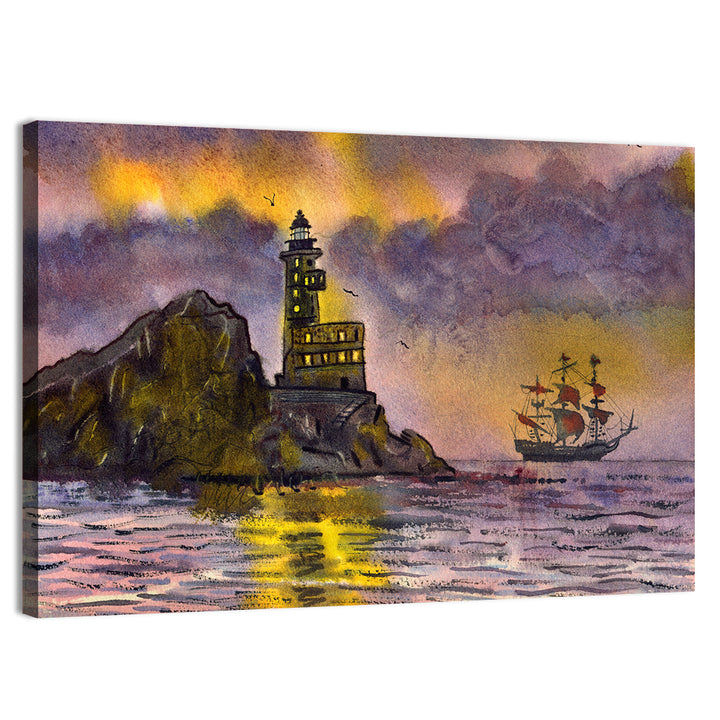 Lighthouse and Sailing Ship at Dusk Wall Art