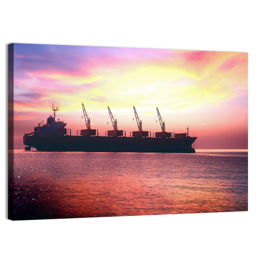 Sunset Cargo Ship Silhouette Wall Art, canvas print, landscape
