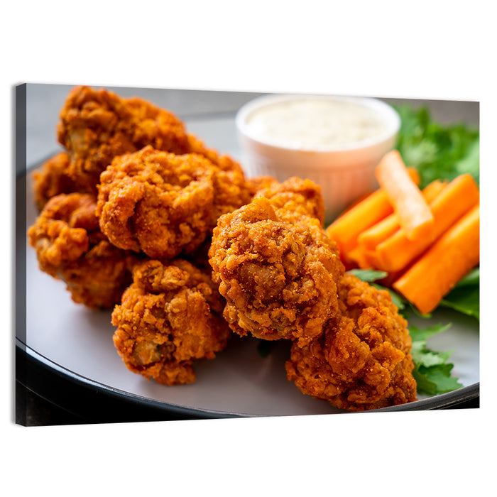 Crispy Spicy Chicken Wings with Carrot Sticks Wall Art as a canvas print