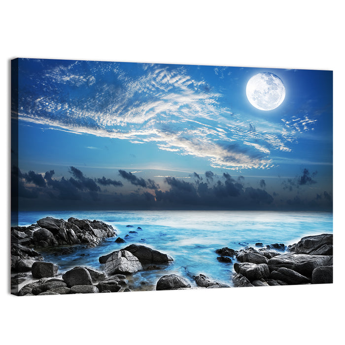 Moonlit Tropical Bay with Rocky Coast Wall Art as a canvas print
