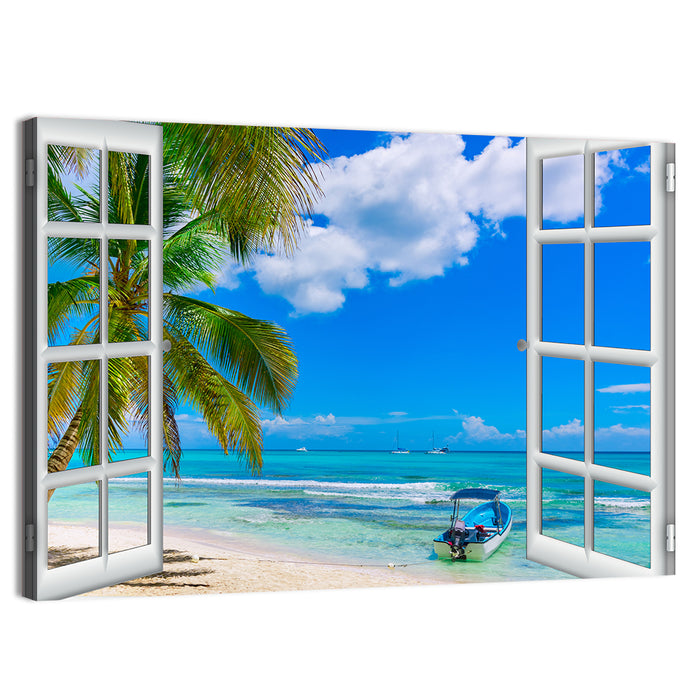 Tropical Ocean View Through Window Wall Art as a canvas print
