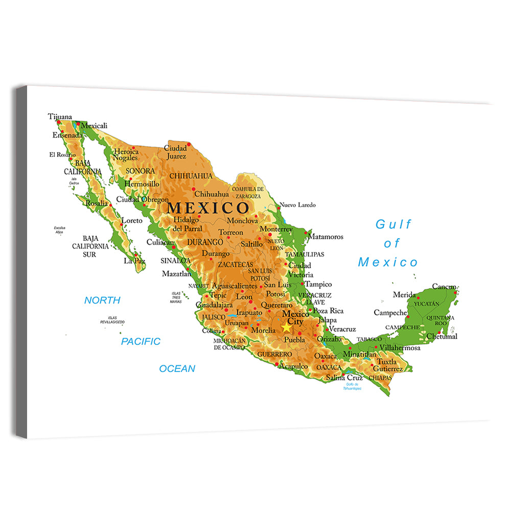 Mexico Physical Map Wall Art, canvas print, landscape