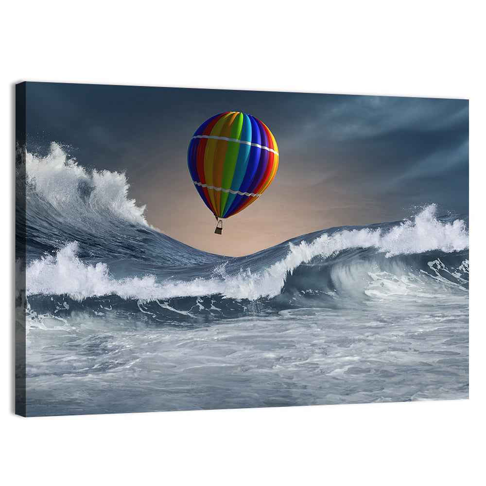 Hot Air Balloon Above Stormy Sea Wall Art, canvas print, landscape