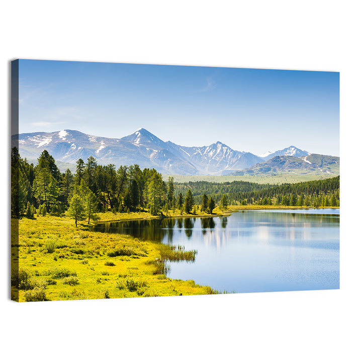 Altai Lake with Snow Capped Peaks Wall Art as a canvas print