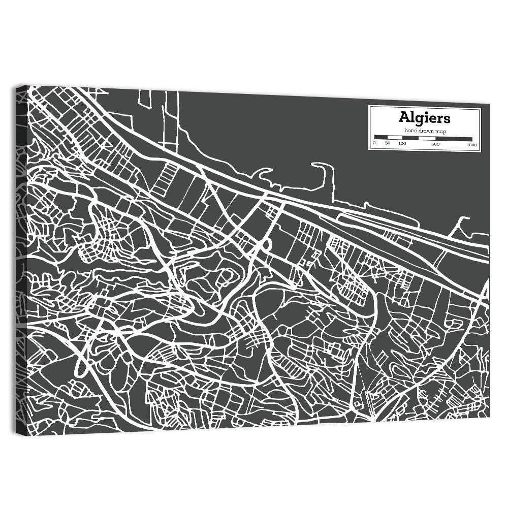 Algiers City Map, Minimal Gray Wall Art, canvas print, landscape