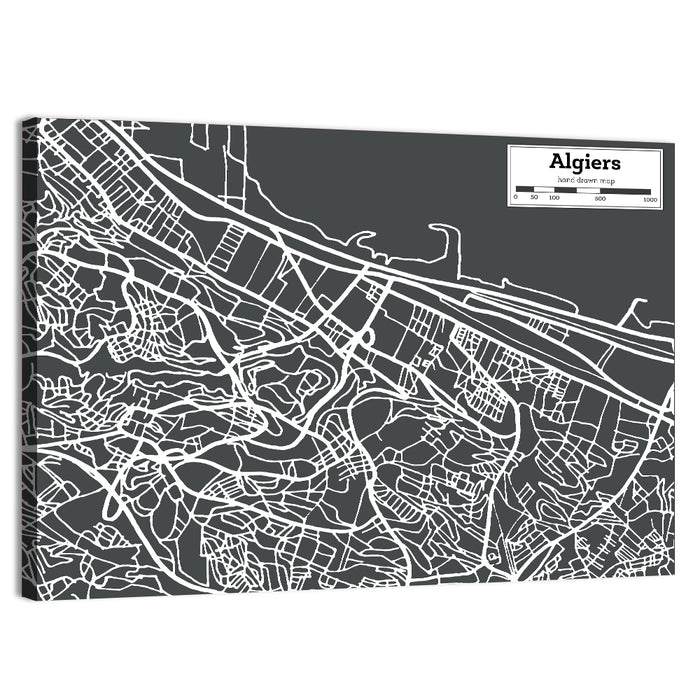 Algiers City Map, Minimal Gray Wall Art as a canvas print