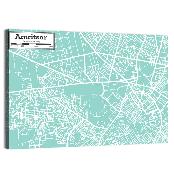 Amritsar Teal City Map Wall Art as a canvas print