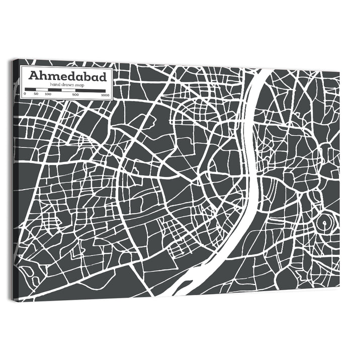 Ahmedabad Aerial Map, Minimalist Gray Wall Art as a canvas print