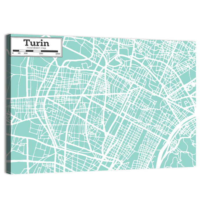 Turin Teal City Map Wall Art as a canvas print