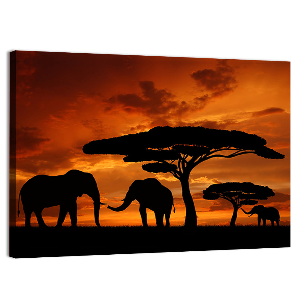 Three Elephants at Sunset Wall Art, canvas print, landscape