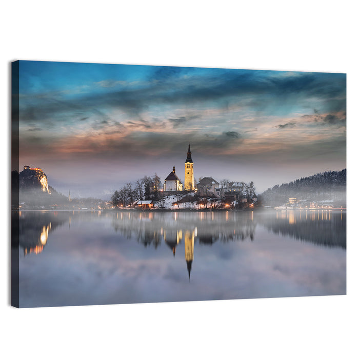 Lake Bled Misty Sunset Wall Art as a canvas print