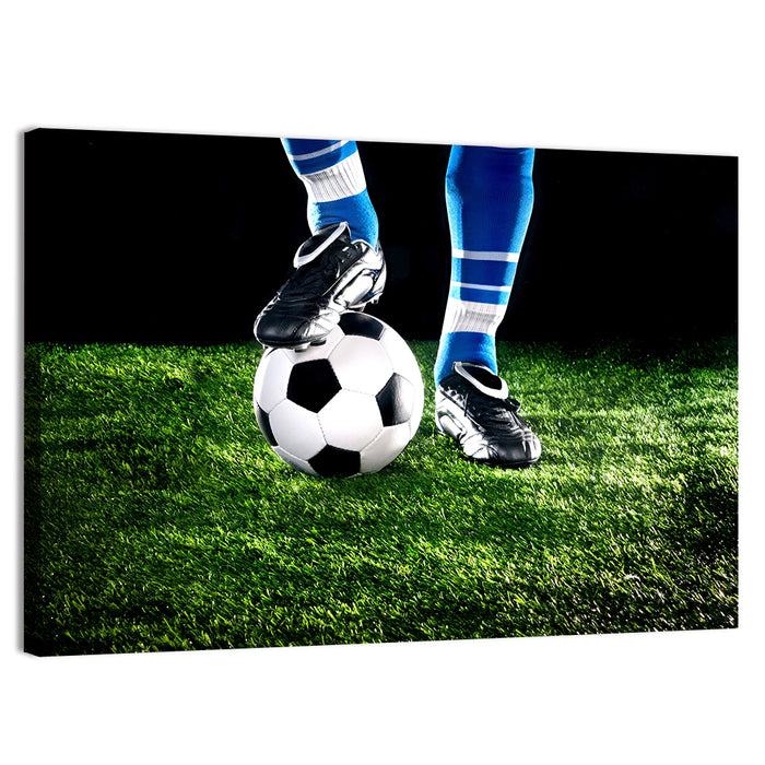 Soccer Ball Underfoot Close-up Wall Art as a canvas print