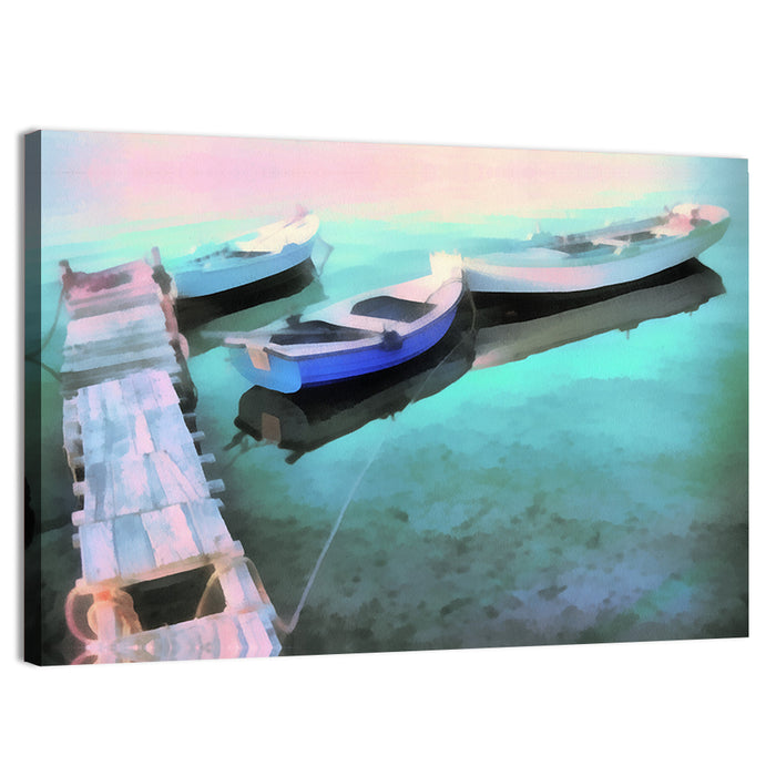 Two Boats by a Wooden Dock Wall Art as a canvas print