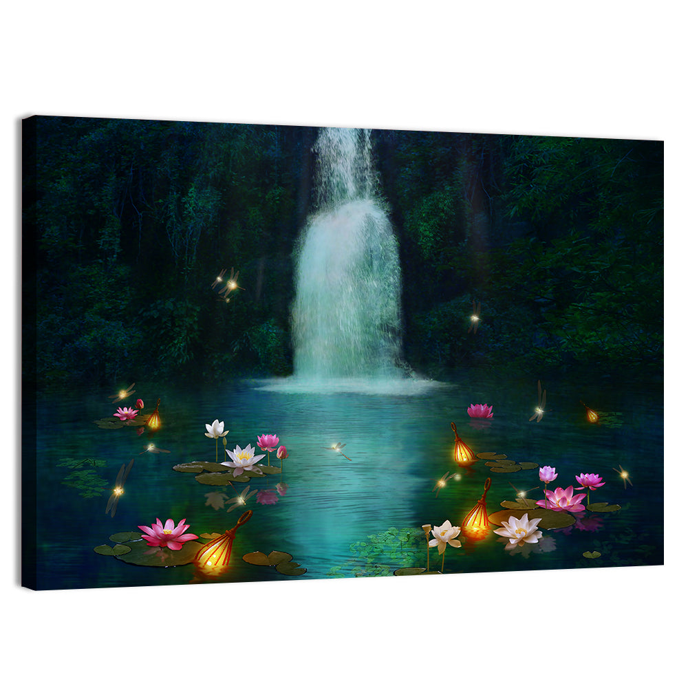 Moonlit Lotus Pond and Waterfall Wall Art, canvas print, landscape