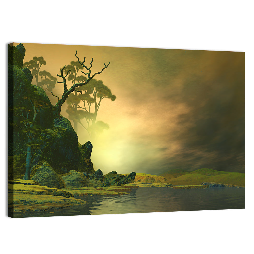 Misty Lake at Dusk Wall Art, canvas print, landscape
