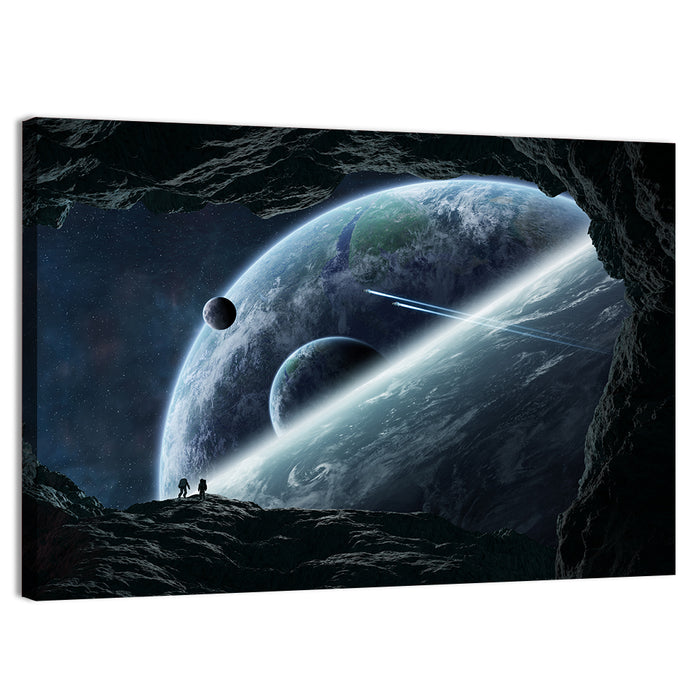 Astronaut Silhouettes in Cave Wall Art as a canvas print