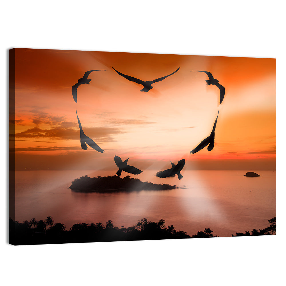 Heart-shaped Birds at Sunset Wall Art, canvas print, landscape
