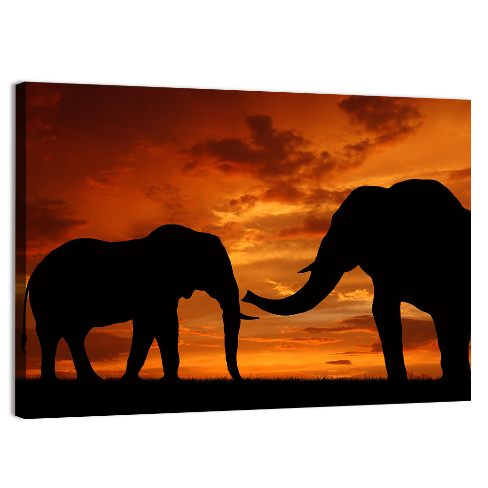 Elephants at Golden Sunset Wall Art, canvas print, landscape