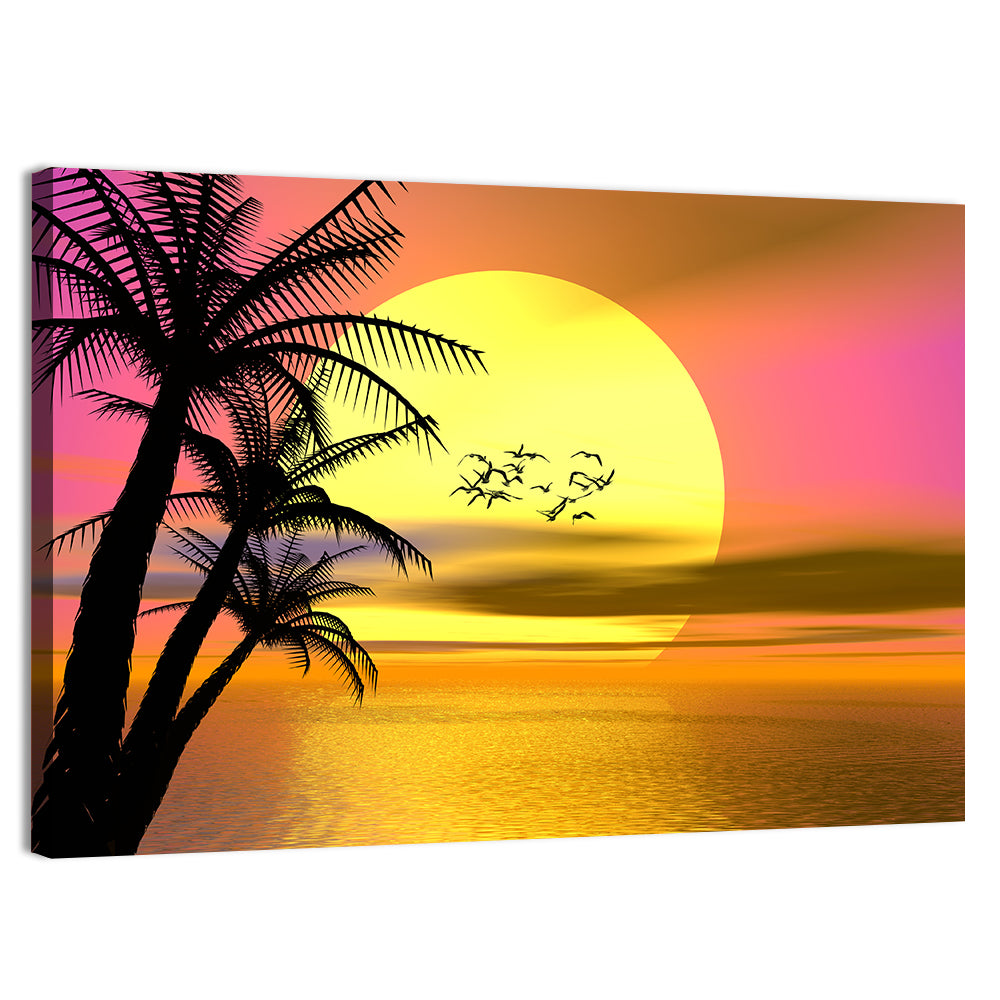 Tropical Sunset with Palm Silhouettes Wall Art, canvas print, landscape
