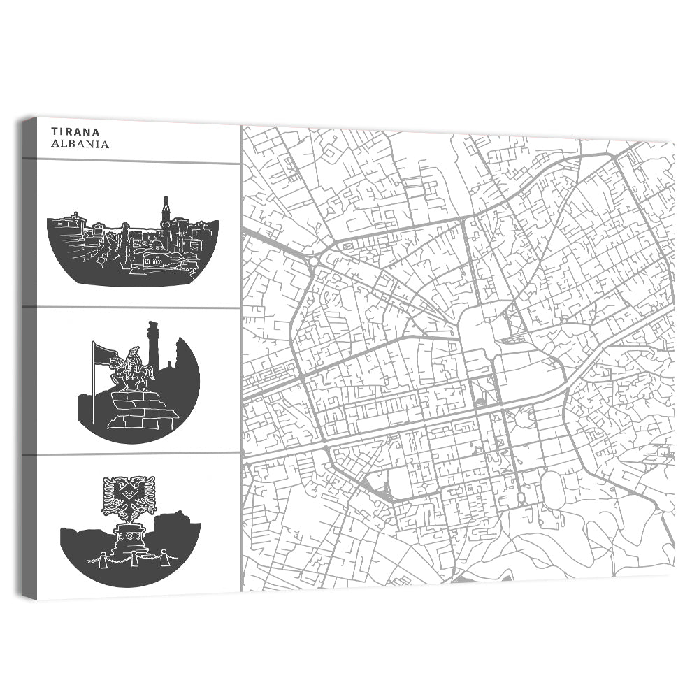 Tirana Street Map with Icons Wall Art, canvas print, landscape