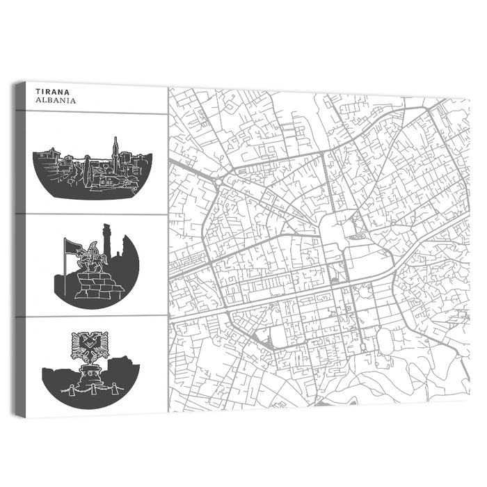 Tirana Street Map with Icons Wall Art as a canvas print