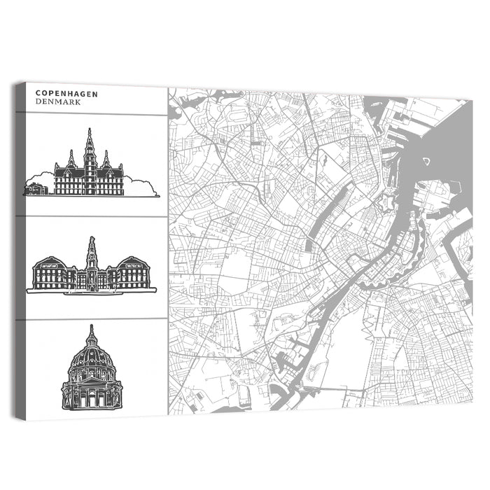 Copenhagen Map with Architectural Silhouettes Wall Art as a canvas print