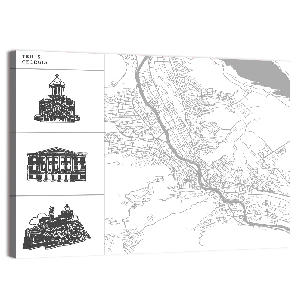 Tbilisi Map with Architectural Sidebar Wall Art, canvas print, landscape