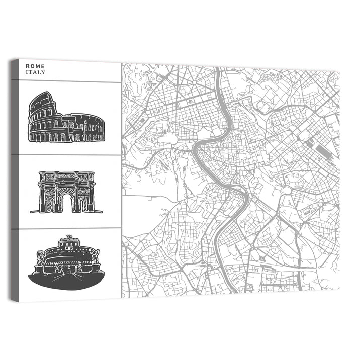 Rome Map with Landmark Sketches Wall Art as a canvas print
