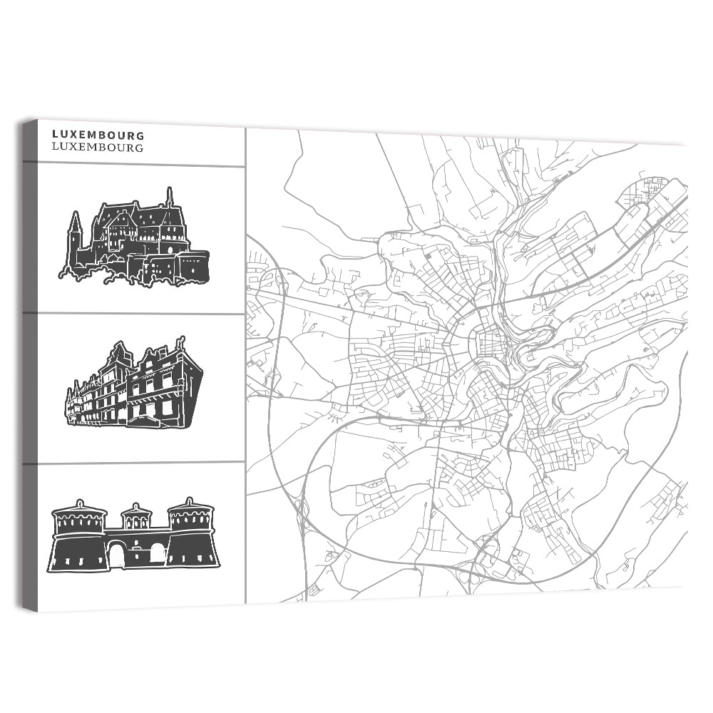 Luxembourg City Map with Landmark Sketches Wall Art, canvas print, landscape