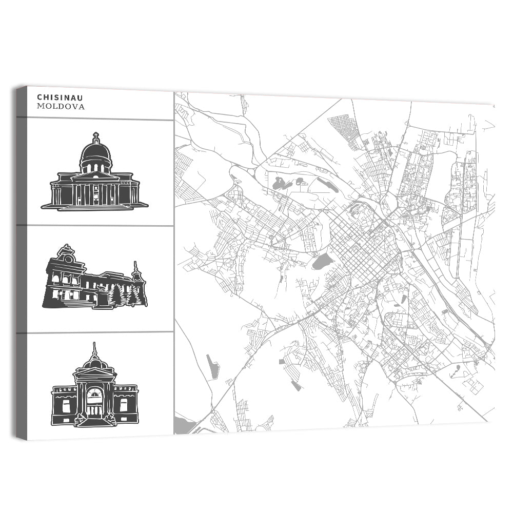 Chisinau Map with Architectural Sidebar Wall Art, canvas print, landscape