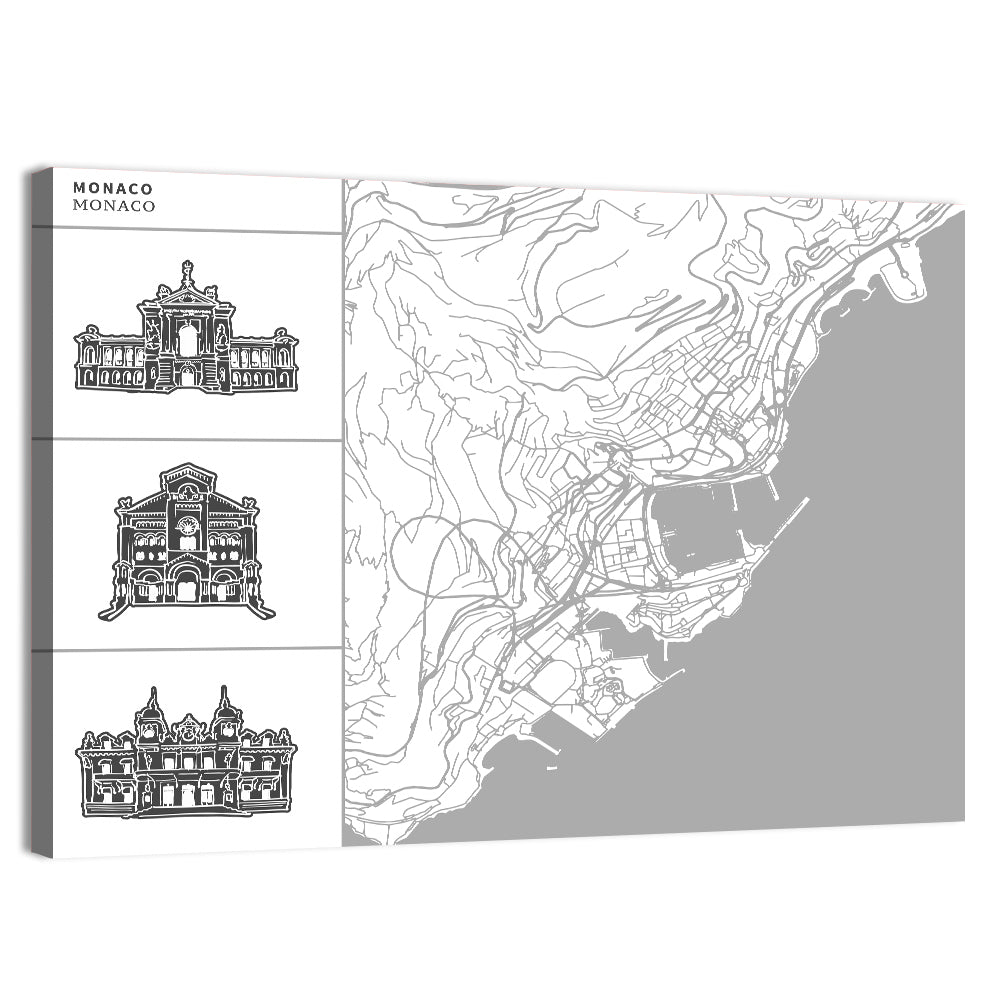 Monaco Map with Architectural Icons Wall Art, canvas print, landscape