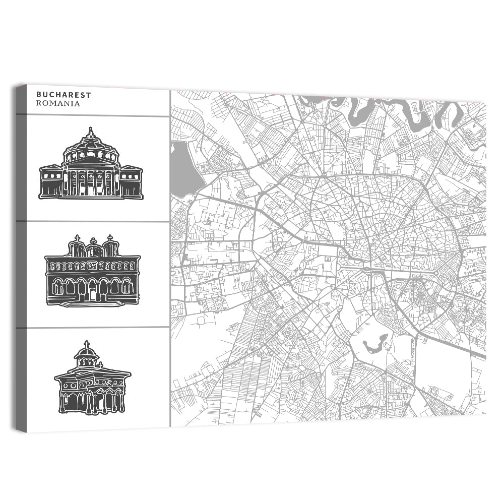 Bucharest City Map with Architectural Sidebar Wall Art, canvas print, landscape