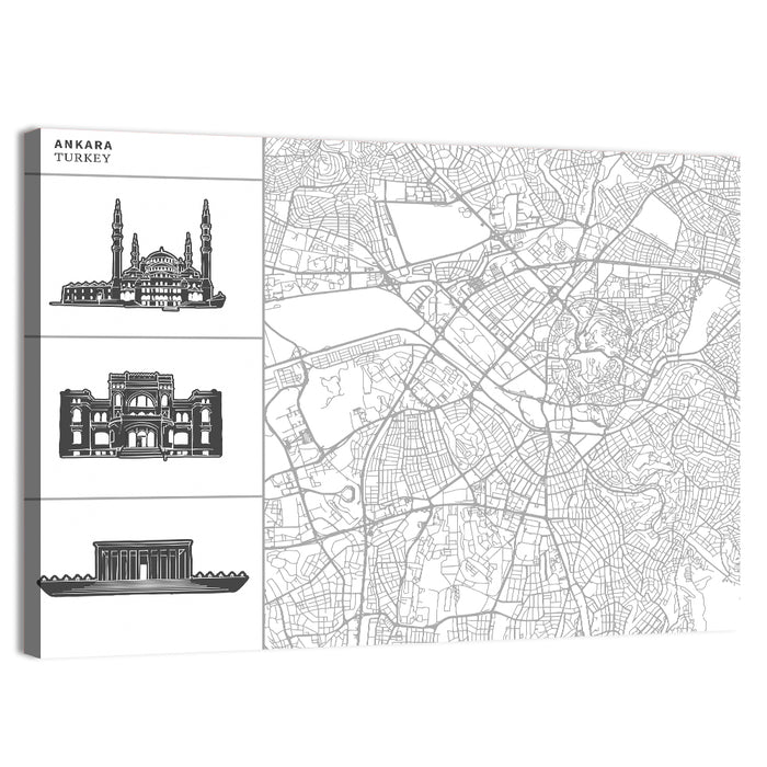 Ankara Map with Anıtkabir Silhouette Wall Art as a canvas print