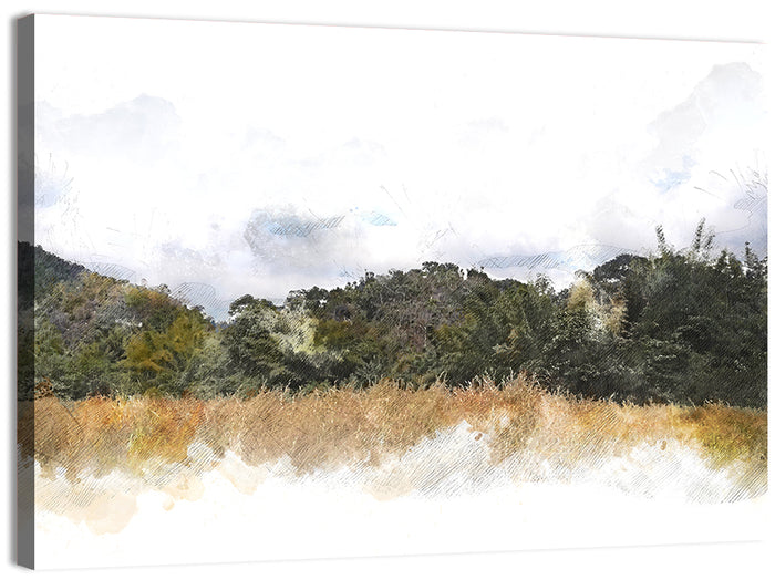 Golden Field Watercolor Illustration Wall Art as a canvas print