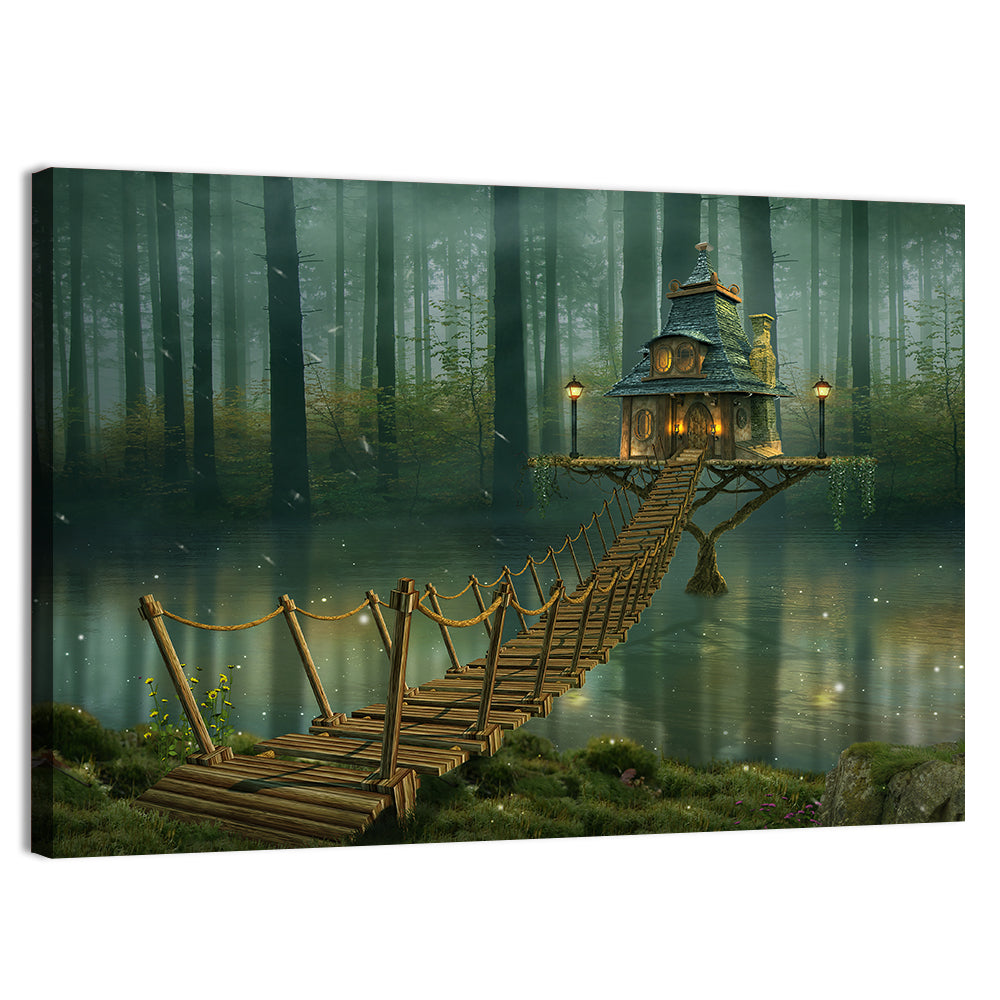 Rope Bridge to Misty Fairy House Wall Art, canvas print, landscape