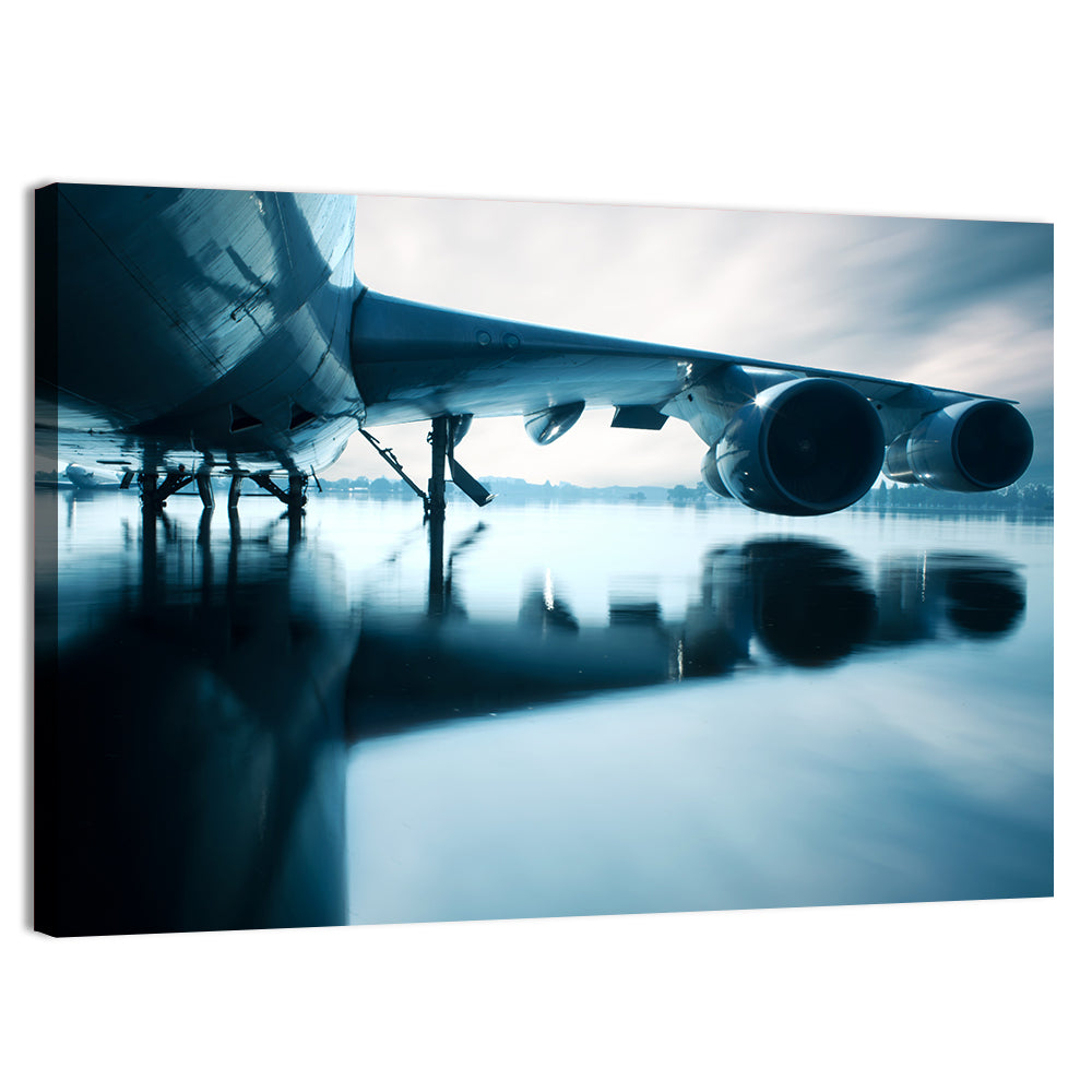 Aircraft Over Reflective Water Wall Art, canvas print, landscape