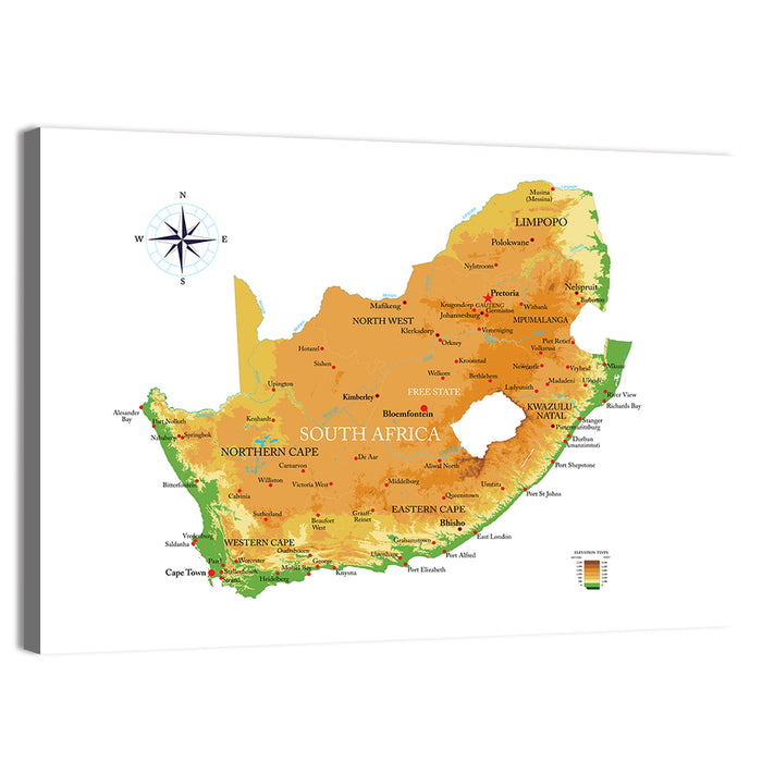 South Africa Physical Map Wall Art as a canvas print